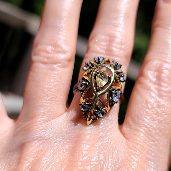 Citrine & Topaz Sterling Rhodium & Gold Art Deco ring sz6.5 - Picture 3 of 15